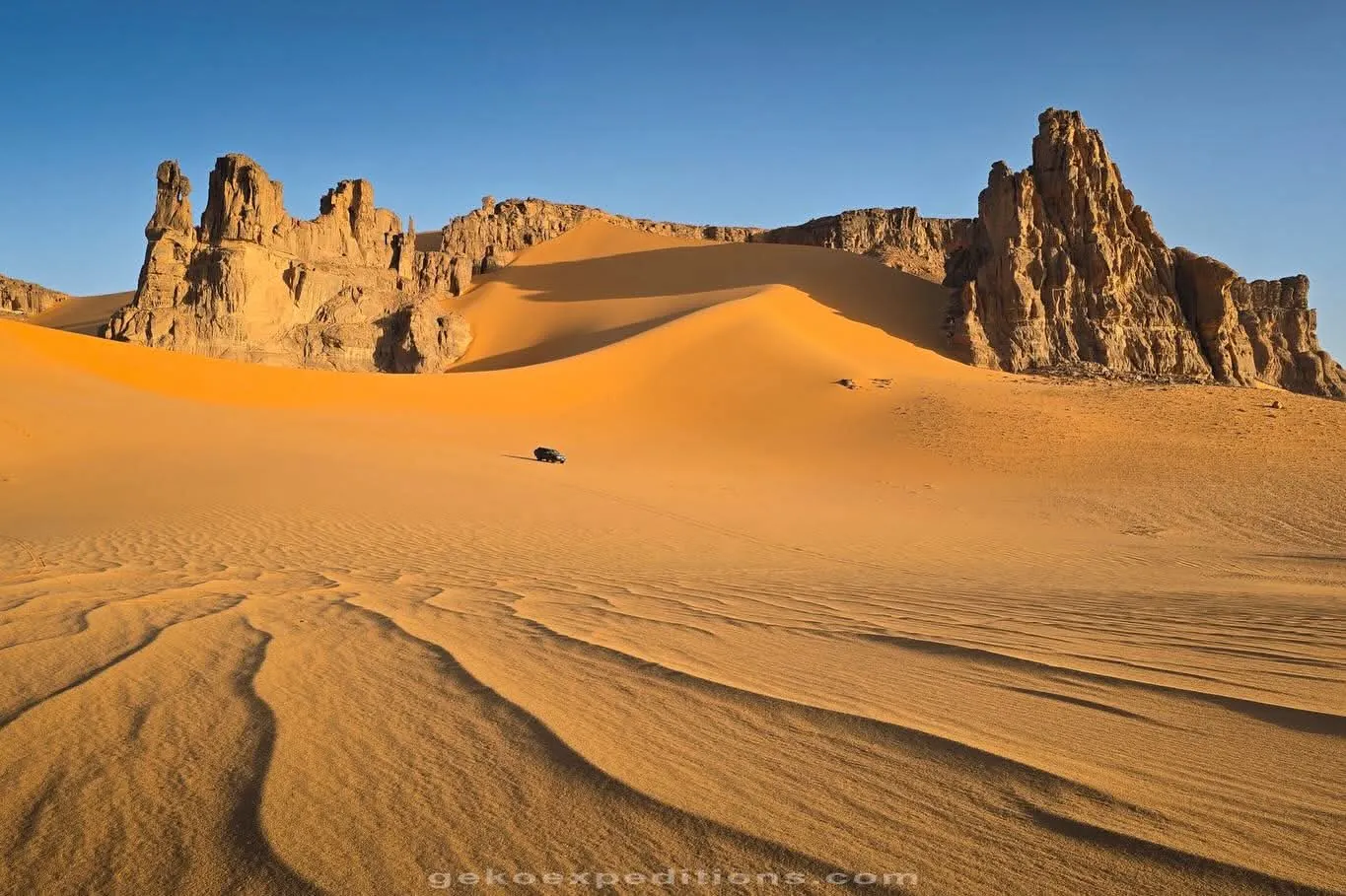Golden dunes and rock towers in the Algerian Sahara